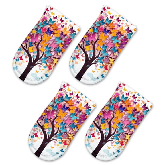 Pot Handle Holder Covers 4Pcs, Colorful Vector Illustration Of Tree With Butterflies Flying Around Non Slip Heat-Resisting Pan Handle Covers For Home Kitchen Baking Cooking BBQ Cookwares,63In