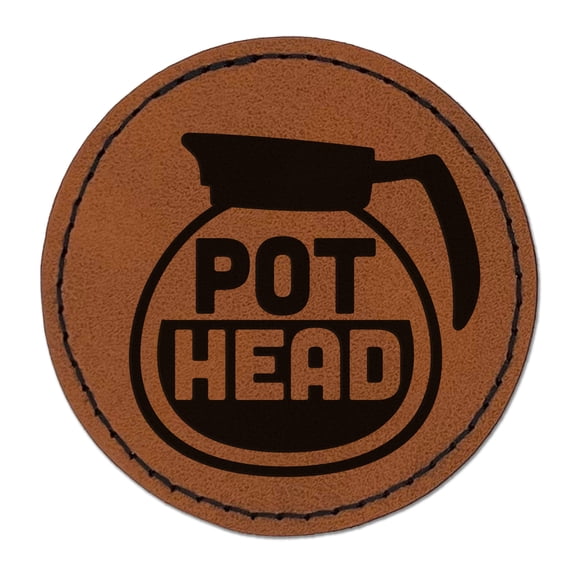 Pot Head Coffee 2.5" Faux Leather Round Engraved Iron-On Patch - Brown