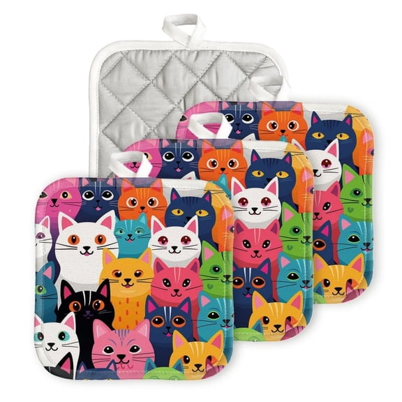 Pot Holder 4Pcs,Vibrant Pattern Of Cartoon Cats In Various Colorsand All Looking Happy And Playful Square Heat Resistant Hot Pads For Kitchen Cooking Oven With Hanging Loop Potholder Easy To Store