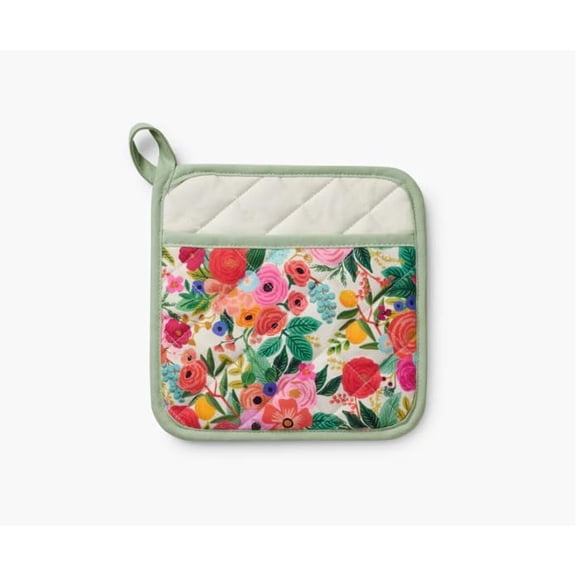 Pot Holder, Heat Resistant, Digitally Printed Quilted Garden Party Pattern with Contrast Piping, Corner Loop for Hanging, Hand Slot, 8" W x 8" L