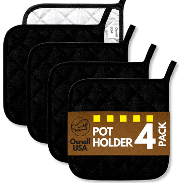 Pot Holders 7" Square Solid Color (Pack of 4) - Black - Cotton Pot Holders for Kitchen by Osnell USA