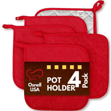 Pot Holders 7" Square Solid Color (Pack of 4) - Red - Cotton Pot Holders for Kitchen by Osnell USA