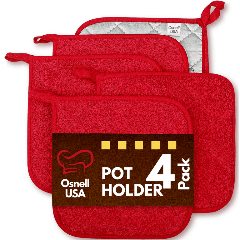 Pot Holders 7 Square Solid Color (Pack of 4) - Red - Cotton Pot Holders  for Kitchen by Osnell USA