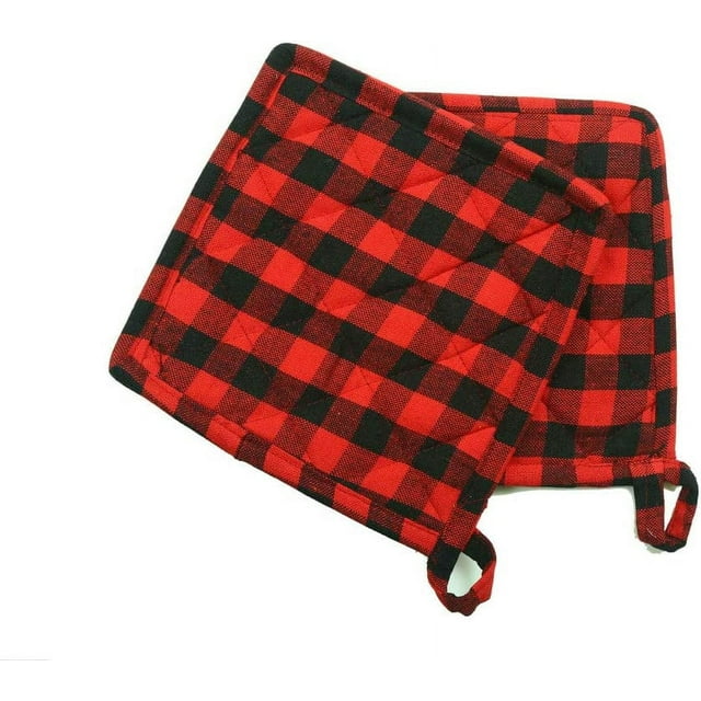 Pot Holders Cotton Made Heat Resistant Potholder Machine Washable Size 7" x 7" - Buffalo Plaid pattern (Red/Black) - { Pack Of 10 }