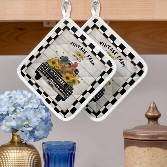 Pot Holders for Kitchen Set of 2,Chicken Old-fashioned Trucks on Vintage Heat-Proof Non-Slip Potholder Soft Hot Pads with Hanging Loop for Cooking Baking Oven Microwave,Farm Buffalo Plaid
