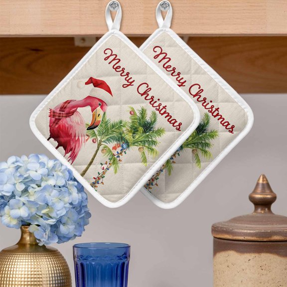 Pot Holders for Kitchen Set of 2,Christmas Pink Flamingo Santa Hat Heat-Proof Non-Slip Potholder Soft Hot Pads with Hanging Loop for Cooking Baking Oven Microwave,Palm Tree Retro Linen