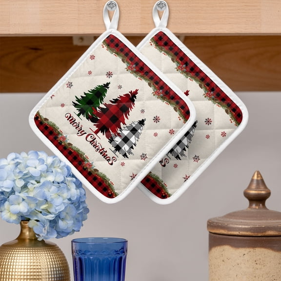Pot Holders for Kitchen Set of 2,Christmas Red Grid Tree Shadow Snowflake Heat-Proof Non-Slip Potholder Soft Hot Pads with Hanging Loop for Cooking Baking Oven Microwave,Winter Berry Flower Plant