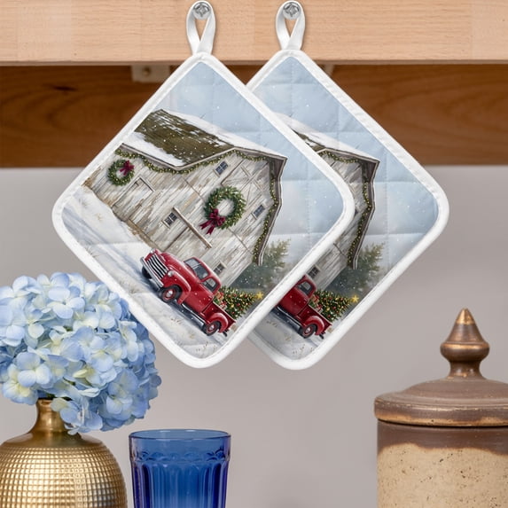 pot-holders-for-kitchen-set-of-2-christmas-red-truck-farm-wood-barn
