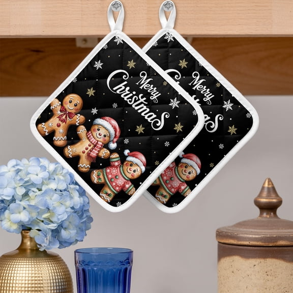 Pot Holders for Kitchen Set of 2,Cute Ginger Bread Man Snowflakes on Black Heat-Proof Non-Slip Potholder Soft Hot Pads with Hanging Loop for Cooking Baking Oven Microwave,Merry Christmas