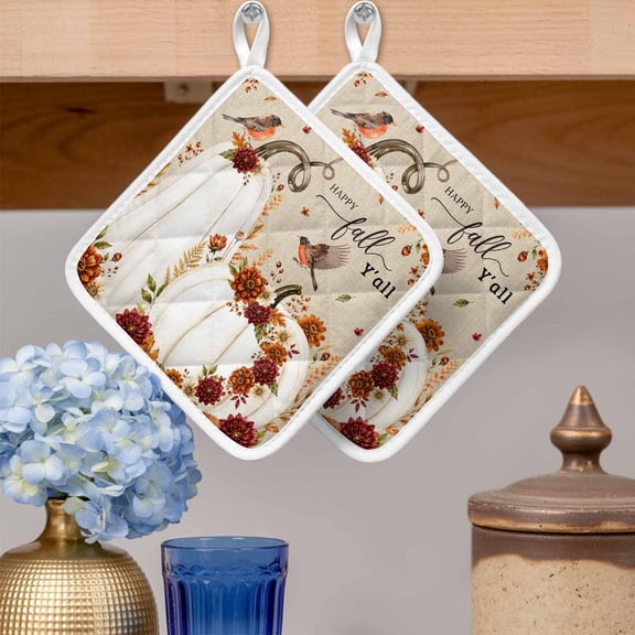 Pot Holders for Kitchen Set of 2,Fall Pumpkin Flower Bird Heat-Proof Non-Slip Potholder Soft Hot Pads with Hanging Loop for Cooking Baking Oven Microwave,Thanksgiving Botanical Vintage Linen