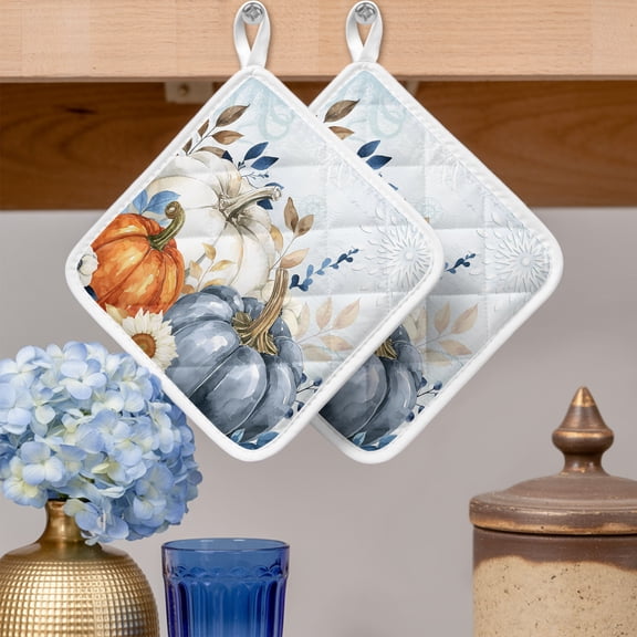 Pot Holders for Kitchen Set of 2,Fall Pumpkin with Ocean Theme Heat-Proof Non-Slip Potholder Soft Hot Pads with Hanging Loop for Cooking Baking Oven Microwave,Watercolor Blue