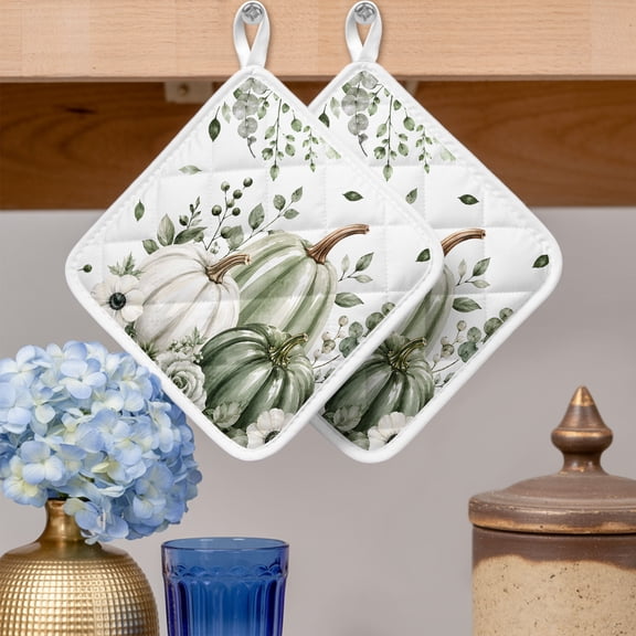 Pot Holders for Kitchen Set of 2,Fall Sage Green White Plant Heat-Proof Non-Slip Potholder Soft Hot Pads with Hanging Loop for Cooking Baking Oven Microwave,Thanksgiving Pumpkin Flower Leaf