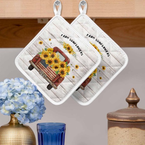 Pot Holders for Kitchen Set of 2,Farm Sunflower Red Truck Wood Heat-Proof Non-Slip Potholder Soft Hot Pads with Hanging Loop for Cooking Baking Oven Microwave,Vintage Rustic Wooden Plank