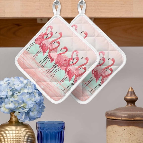 Pot Holders for Kitchen Set of 2,Flamingo Bird on Gradient Background Heat-Proof Non-Slip Potholder Soft Hot Pads with Hanging Loop for Cooking Baking Oven Microwave,Tropical Pink