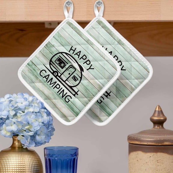 Pot Holders for Kitchen Set of 2,Happy Camping Words on Wood Board Heat-Proof Non-Slip Potholder Soft Hot Pads with Hanging Loop for Cooking Baking Oven Microwave,Country Wooden Striped