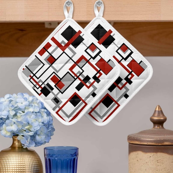 Pot Holders for Kitchen Set of 2,Middle Ages Minimalist Geometric Heat-Proof Non-Slip Potholder Soft Hot Pads with Hanging Loop for Cooking Baking Oven Microwave,Red Black White Grey Color Block