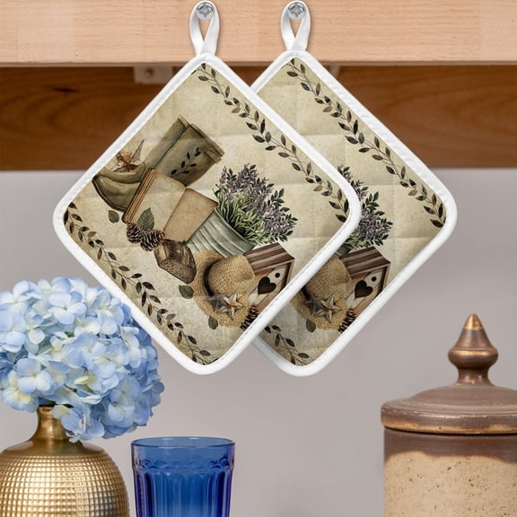 Pot Holders for Kitchen Set of 2,Retro Farmhouse Theme Heat-Proof Non-Slip Potholder Soft Hot Pads with Hanging Loop for Cooking Baking Oven Microwave,Country Vintage Flower Leaf Boots Plant