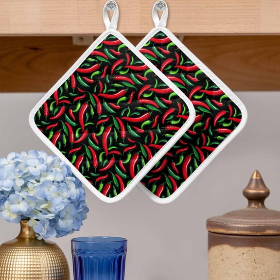 Pot Holders for Kitchen Set of 2,Spicy Chili Pepper Pattern Heat-Proof Non-Slip Potholder Soft Hot Pads with Hanging Loop for Cooking Baking Oven Microwave,Red Green Peppers on Black