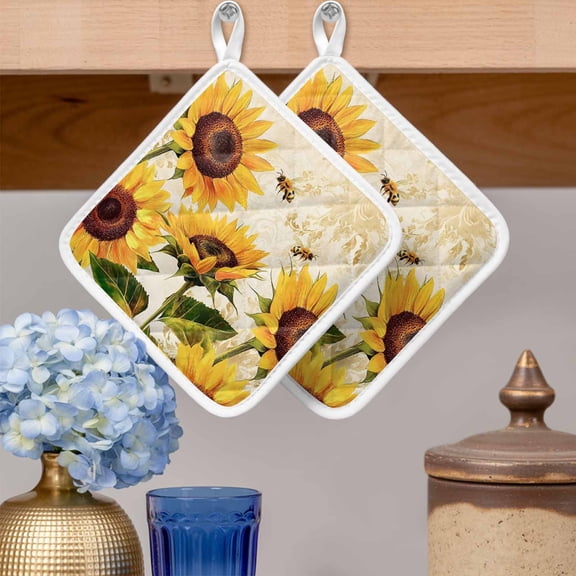 Pot Holders for Kitchen Set of 2,Summer Blossom Sunflower Bee Heat-Proof Non-Slip Potholder Soft Hot Pads with Hanging Loop for Cooking Baking Oven Microwave,Retro Flower Leaves