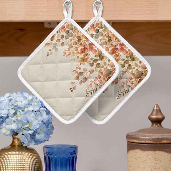 Pot Holders for Kitchen Set of 2,Thanksgiving Fall Botanical Leaves Heat-Proof Non-Slip Potholder Soft Hot Pads with Hanging Loop for Cooking Baking Oven Microwave,Watercolor Hanging Leaf on Flax