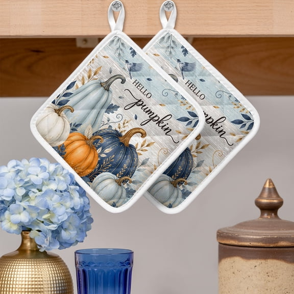 Pot Holders for Kitchen Set of 2,Thanksgiving Fall Harvest Pumpkin Heat-Proof Non-Slip Potholder Soft Hot Pads with Hanging Loop for Cooking Baking Oven Microwave,Farm Leaves Bird Wooden