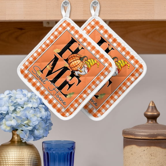 Pot Holders for Kitchen Set of 2,Thanksgiving Fall Pumpkin Dwarf Maple Leaf Heat-Proof Non-Slip Potholder Soft Hot Pads with Hanging Loop for Cooking Baking Oven Microwave,Sweet Home Orange Lattice