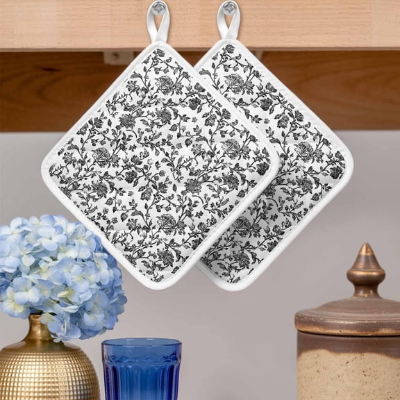 Pot Holders for Kitchen Set of 2,Vintage Farm Black Flower Pattern Heat-Proof Non-Slip Potholder Soft Hot Pads with Hanging Loop for Cooking Baking Oven Microwave,Pastoral Floral on White