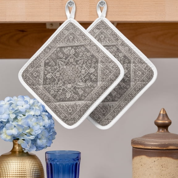 Pot Holders for Kitchen Set of 2,Vintage Gray Floral Pattern Heat-Proof Non-Slip Potholder Soft Hot Pads with Hanging Loop for Cooking Baking Oven Microwave,Rustic Flower Oriental Art