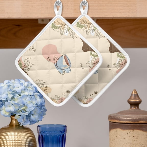 Pot Holders for Kitchen Set of 2,Watercolor Coffee Cup Color Block Heat-Proof Non-Slip Potholder Soft Hot Pads with Hanging Loop for Cooking Baking Oven Microwave,Boho Botanical Leaves Berry