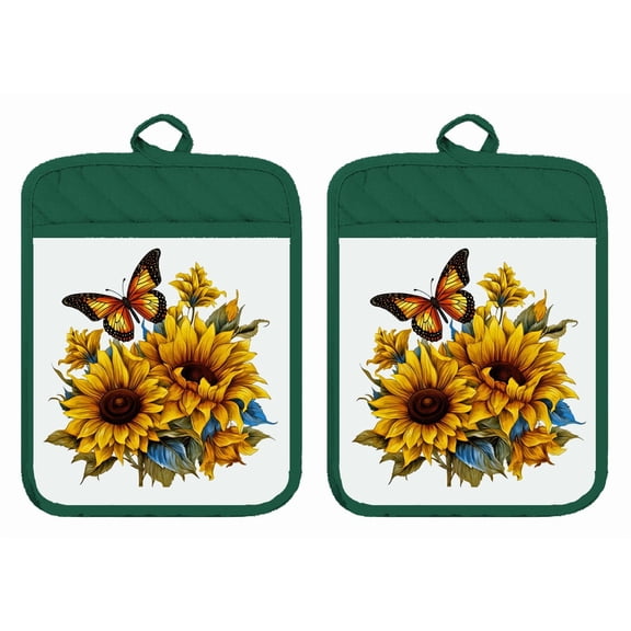 Pot Holders Oven Mitts Hot Pads 100% Cotton Sunflower Butterfly Kitchen DZ014DPH (Green)