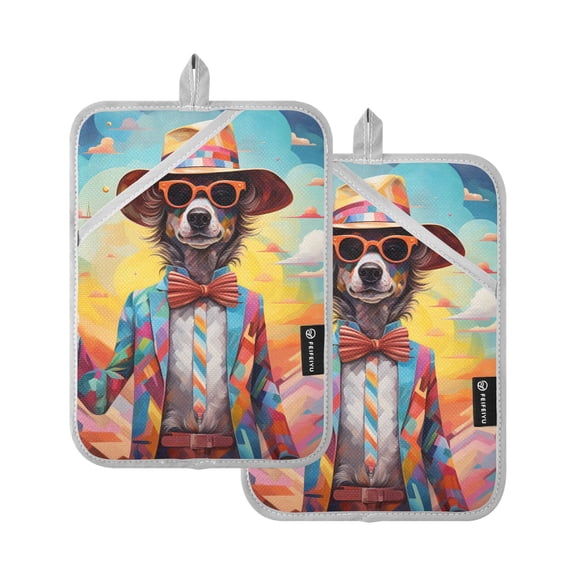 Pot Holders Set of 2 Heat Resistant 338 Kitchen Oven Gloves Potholder Cooking Baking Microwave Mitts Abstract Dog with Hat and Glasses