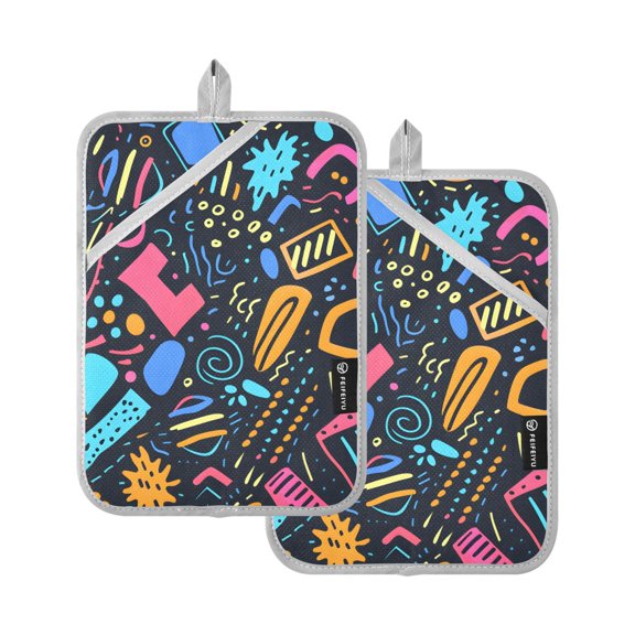 Pot Holders Set of 2 Heat Resistant 338 Kitchen Oven Gloves Potholder Cooking Baking Microwave Mitts Abstract Modern Doodles