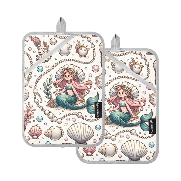Pot Holders Set of 2 Heat Resistant 338℉ Kitchen Oven Gloves Potholder Cooking Baking Microwave Mitts Beautiful Mermaid Girl on Shell