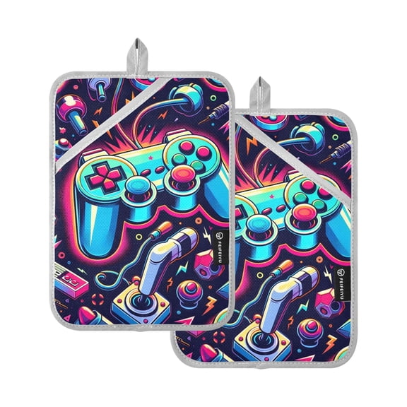 Pot Holders Set of 2 Heat Resistant 338 Kitchen Oven Gloves Potholder Cooking Baking Microwave Mitts Bright Pattern with Game