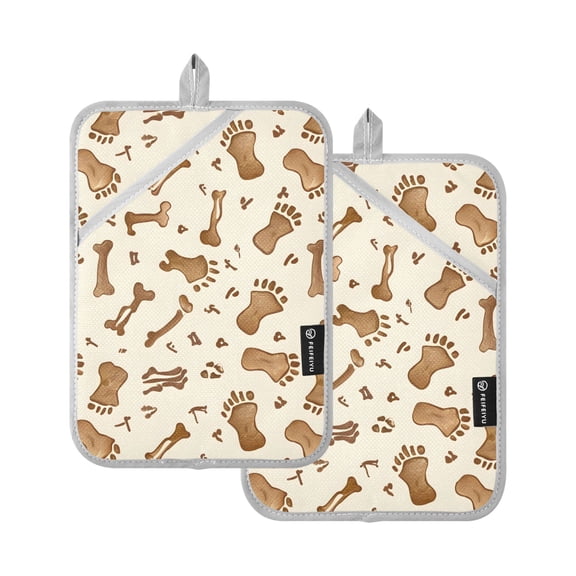 Pot Holders Set of 2 Heat Resistant 338℉ Kitchen Oven Gloves Potholder Cooking Baking Microwave Mitts Brown Footprints and Bones