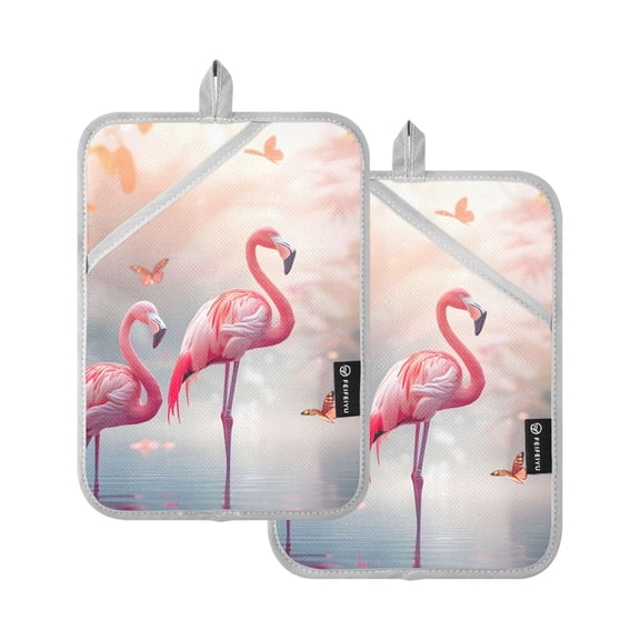 Pot Holders Set of 2 Heat Resistant 338℉ Kitchen Oven Gloves Potholder Cooking Baking Microwave Mitts Cartoon Flamingos Tropical Trees