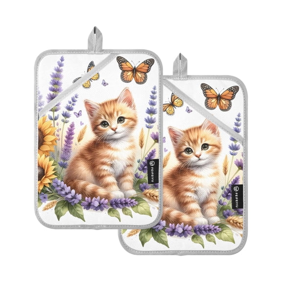 Pot Holders Set of 2 Heat Resistant 338 Kitchen Oven Gloves Potholder Cooking Baking Microwave Mitts Cat on Lavender Flowers