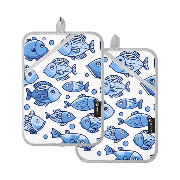 Pot Holders Set of 2 Heat Resistant 338 Kitchen Oven Gloves Potholder Cooking Baking Microwave Mitts Cute Doodle Fishes