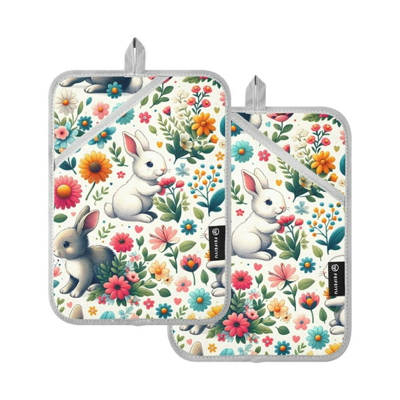 Pot Holders Set of 2 Heat Resistant 338℉ Kitchen Oven Gloves Potholder Cooking Baking Microwave Mitts Cute Rabbit in Floral
