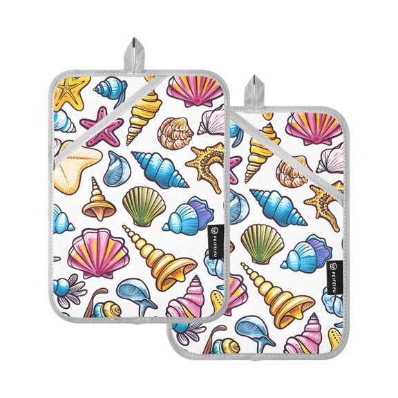 Pot Holders Set of 2 Heat Resistant 338 Kitchen Oven Gloves Potholder Cooking Baking Microwave Mitts Cute Seashells Conch