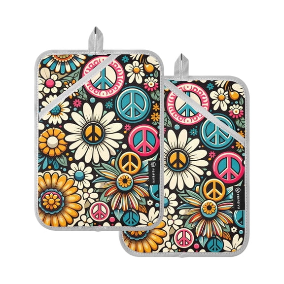 Pot Holders Set of 2 Heat Resistant 338 Kitchen Oven Gloves Potholder Cooking Baking Microwave Mitts Daisy and Peace Flower