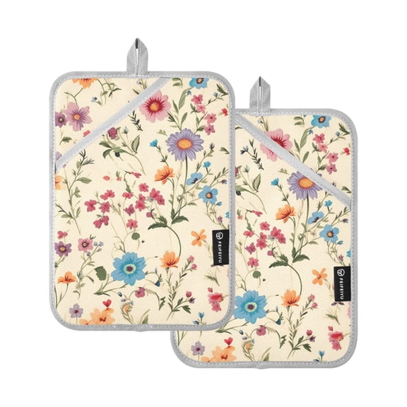 Pot Holders Set of 2 Heat Resistant 338 Kitchen Oven Gloves Potholder Cooking Baking Microwave Mitts Floral on Beige