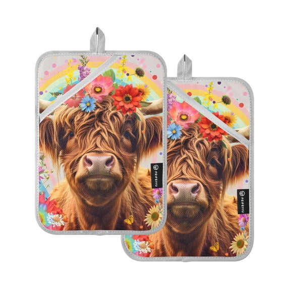 Pot Holders Set of 2 Heat Resistant 338℉ Kitchen Oven Gloves Potholder Cooking Baking Microwave Mitts Highland Cow Flowers Rainbow