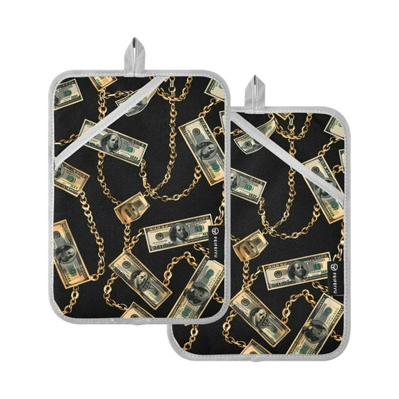 Pot Holders Set of 2 Heat Resistant 338℉ Kitchen Oven Gloves Potholder Cooking Baking Microwave Mitts One Hundred Dollar Bills with Chain