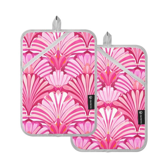 Pot Holders Set of 2 Heat Resistant 338 Kitchen Oven Gloves Potholder Cooking Baking Microwave Mitts Pink Abstract Shells
