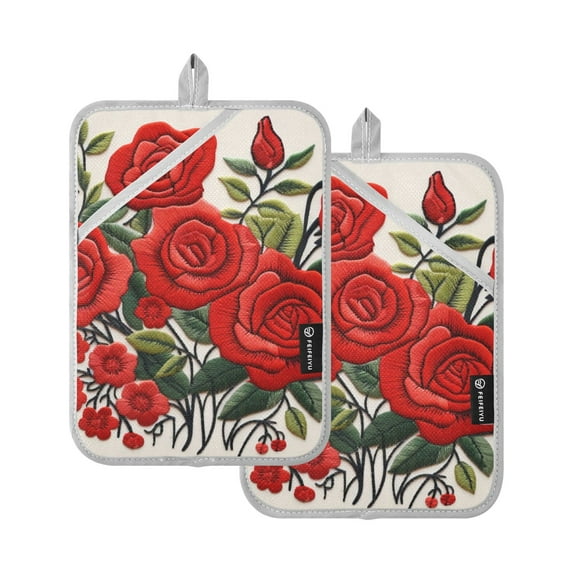 Pot Holders Set of 2 Heat Resistant 338℉ Kitchen Oven Gloves Potholder Cooking Baking Microwave Mitts Red Roses Flowers