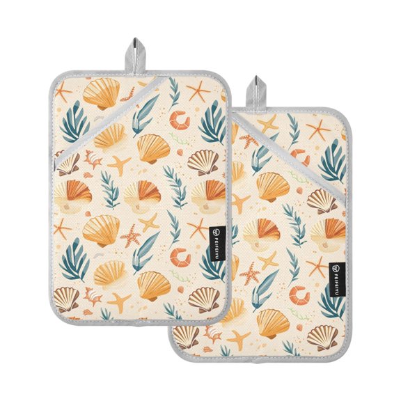 Pot Holders Set of 2 Heat Resistant 338 Kitchen Oven Gloves Potholder Cooking Baking Microwave Mitts Sea Shells and Palm Leaves