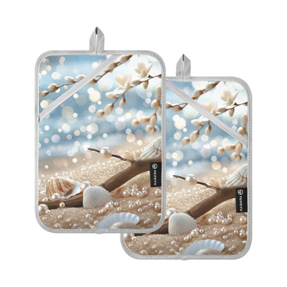 Pot Holders Set of 2 Heat Resistant 338 Kitchen Oven Gloves Potholder Cooking Baking Microwave Mitts Shells Pearls on Beach