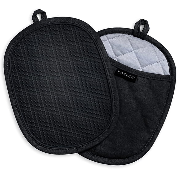 Pot Holders Sets of 2, Silicone Hot Pads for Kitchen,Heat Resistant Oven Mitts Pads with Pockets Non Slip Grip, Large Potholders,Trivets for Cooking, Baking,Black