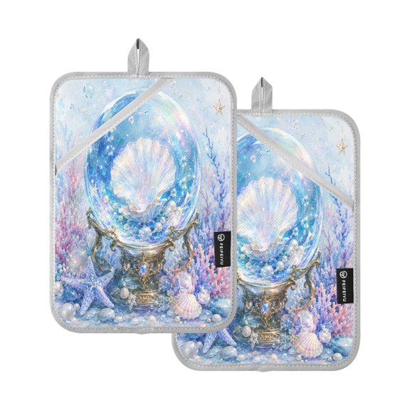 Pot Holders Sets of 2 Heat Resistant Oven Hot Pads with Hanging Loop Crystal Ball and Scallop Shells